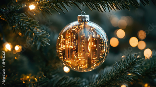 Futuristic Christmas ornament as a glowing Christmas ball with circuit board pattern, symbolizing technology and innovation for modern holiday decoration, digital festive concept with copy space
