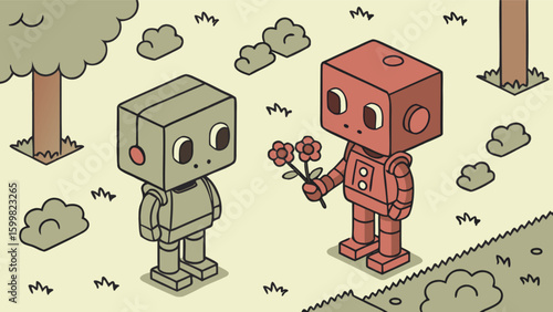 Cute cartoon robots in love with flowers illustration vector graphic design for valentine's day art 100
