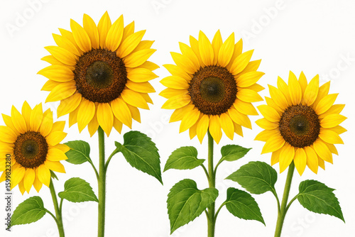sunflowers with green leaves on white background.