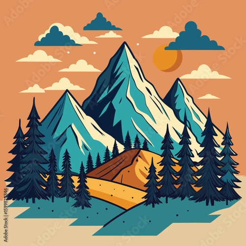 hand drawn mountain design. illustration of mountains and pine trees. 