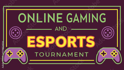 Vibrant Neon Graphic: Online Gaming and Esports Tournament Announcement; Bold Text, Game Controllers, Retro Style, Energetic Mood, Ideal for Digital Marketing.