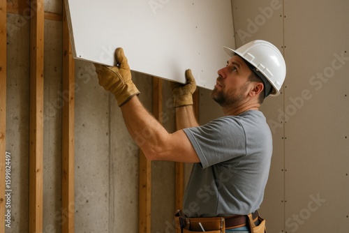 A construction worker is fitting drywall panels in an interior space. The area shows wooden framing and a partially finished wall. The worker is dressed for safety and focused on the task