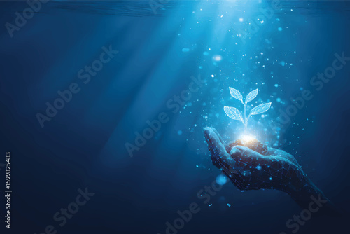 Abstract vector illustration depicting a hand holding a sprout underwater against a blue background