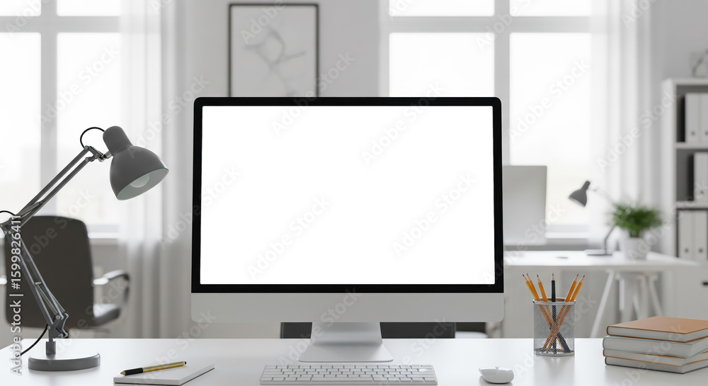 Fototapeta premium Modern Workspace with Computer, Desk Lamp, and Office Supplies in Bright Room
