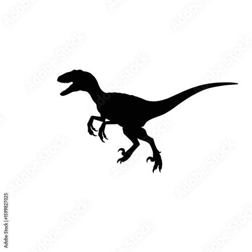 A black silhouette of a velociraptor dinosaur, poised in a dynamic stance, against a white background.