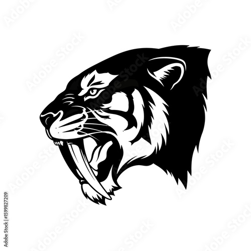 A striking black and white illustration of a saber-toothed tiger's head, showcasing its fierce expression.