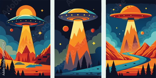Three posters featuring flying saucers hovering over a dense forest, showcasing different artistic styles and colors..eps