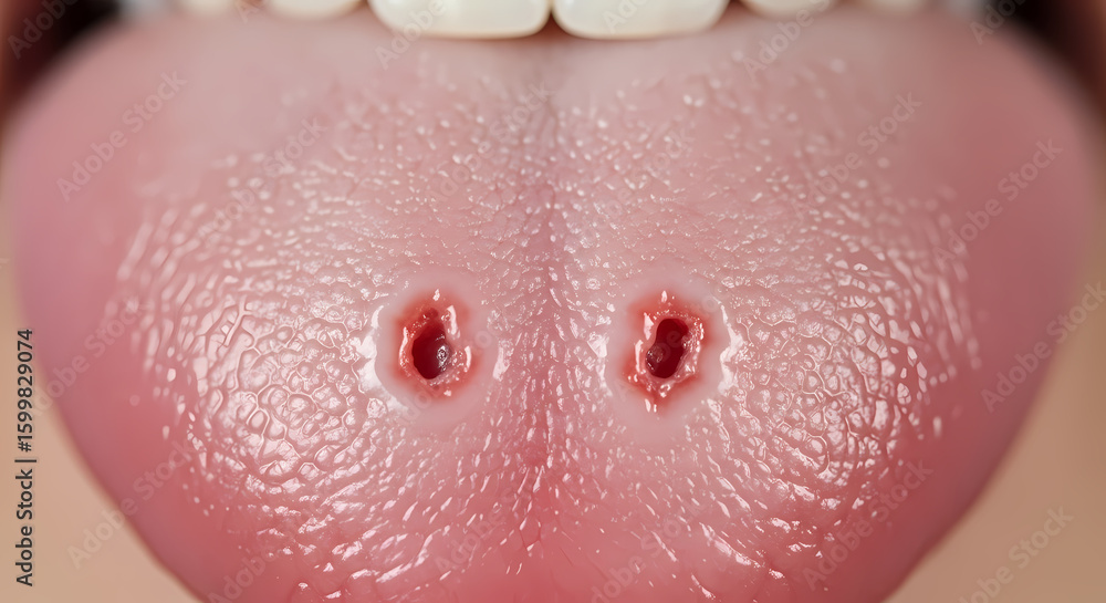 Fototapeta premium Close-up of a human tongue with two holes, possibly piercings or wounds, showing a medical or body modification concept.