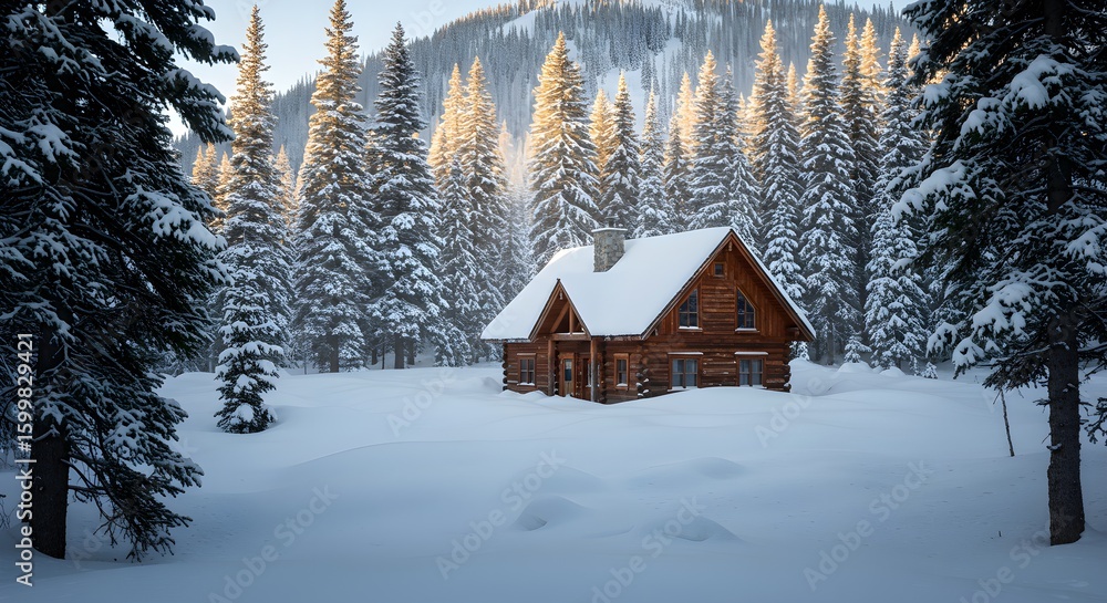 Naklejka premium Snow covered log cabin in a winter forest