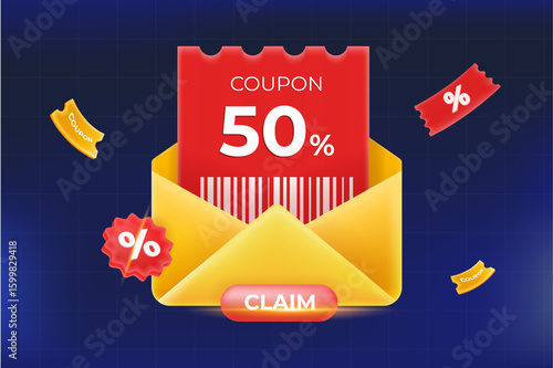Claim a 50% off red coupon in an opened yellow envelope with a percent icon. Special offer advertisement. 3D vector illustration