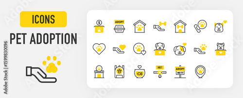 Pet adoption icons. Pet House, Dog, Veterinary, Heart, Adopt, Telephone, Pawprint, Backpack, Cat Box, Pet Shelter, Fish Tank, Pet Collar, Box vector stroke illustration.	
