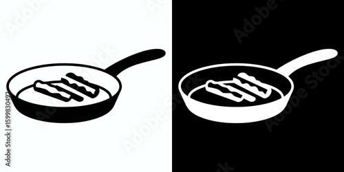 Simple black and white icon of bacon strips frying in a pan.
