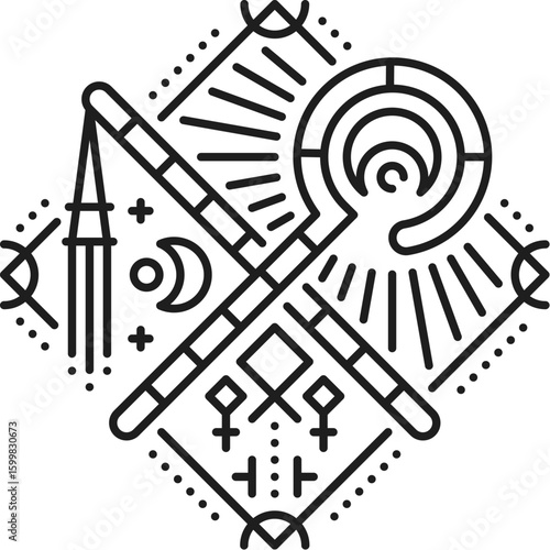 Egyptian pharaoh scepters esoteric line tattoo or symbol. Africa culture outline vector print, egypt civilization boho tattoo. Egyptian history esoteric symbol with scepte and nekhekh crosses scepters