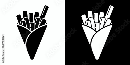 Black and white french fries icon in a paper cone. 