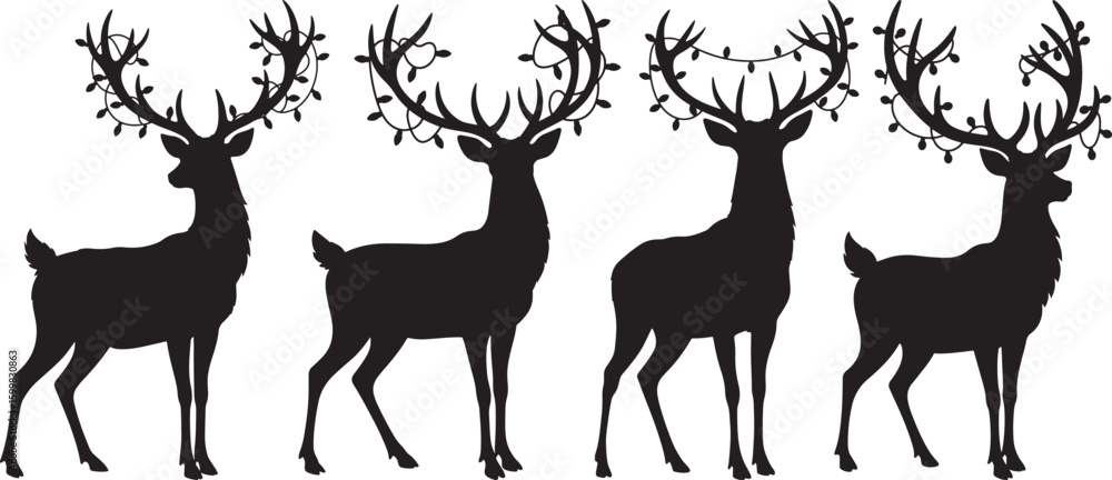 Naklejka premium Four festive deer with antlers decorated with lights silhouette