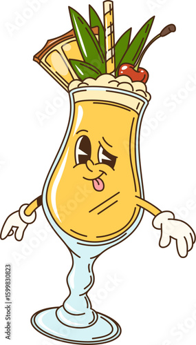 Cartoon pina colada cocktail character. Summer vacation resort cocktail or beverage glass 70s groovy cheerful character. Pina colada party tropical cocktail with pineapple isolated vector personage