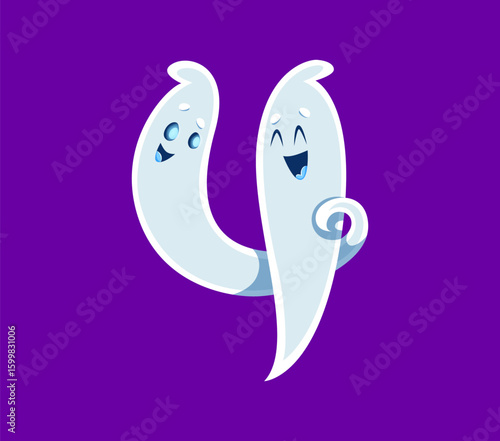 Halloween font 4 digit ghost cartoon cheerful character. Monster funny mascot font four digit or Halloween ghost cute personage English ABC vector figure or typeset number, alphabet numeral symbol