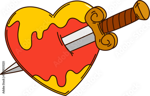 Cartoon groovy Halloween heart with dagger stab for horror holiday, vector symbol. Groovy heart stabbed with dagger knife and bleeding blood for Halloween retro cartoon emoji and trick or treat party