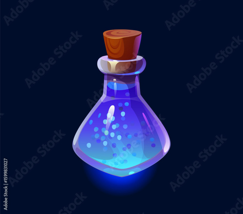 Enchanting glowing blue potion bottle with sparkling bubbles. Isolated cartoon vector mystical elixir or magical brew flask with wooden cork stopper. Wizard magic poison for fantasy magical adventure