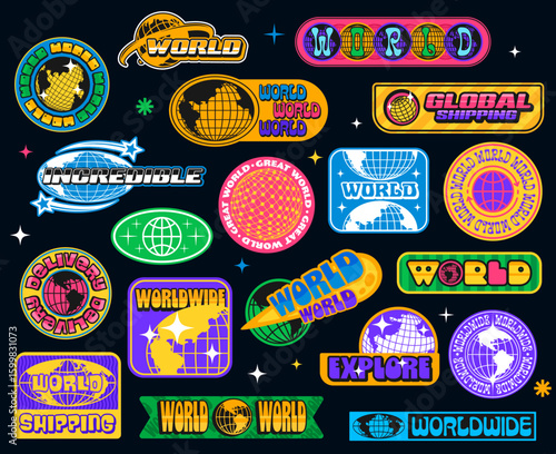 Earth sphere y2k groovy stickers, globe funky patch labels with retro typography and globe symbols. Vector set feature international vibes for travel, logistics, export and global worldwide branding