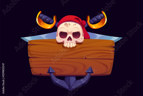 Pirate wooden signboard with crossed sabers, corsair skull, ship anchor. Vector cartoon wood plank banner or signboard with old timber texture and jolly roger skull with bandana, pirate game UI asset