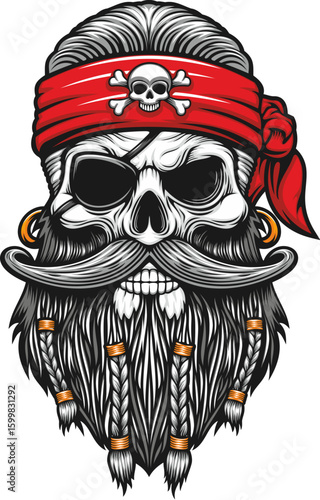Pirate captain skull tattoo with braided beard, mustache and braids, wearing gold earrings, red bandana with crossbones symbol. Vector dead filibuster head. Gothic and vintage character evoking danger