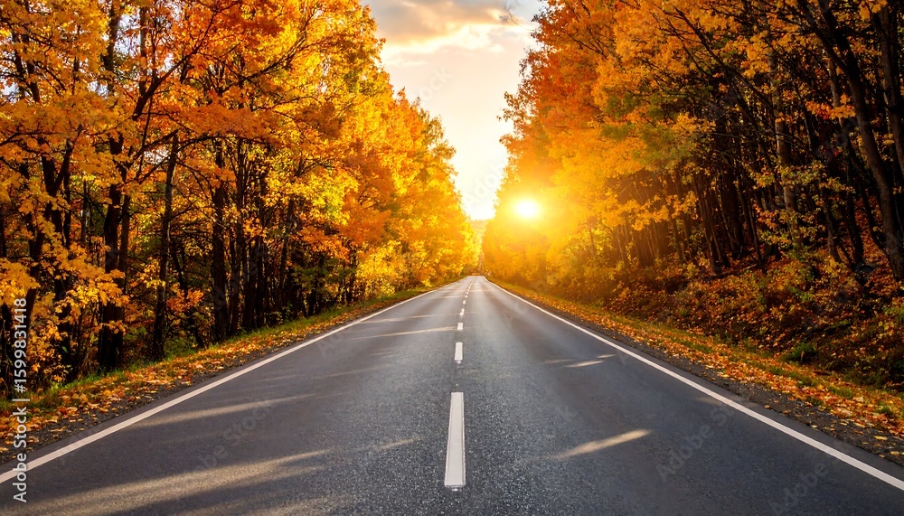 Fototapeta premium Autumn road through a vibrant forest at sunset
