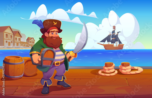 Pirate captain character on the port pier holding sword and treasure chest. Cartoon vector scene with corsair standing on a dock near the sea, with a pirate ship and coastal town under a clear sky