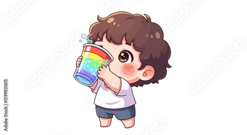 Cute child drinking colorful beverage from cup with joy  