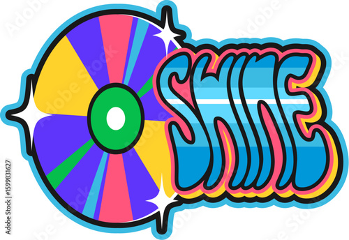 Computer compact disc Y2K groovy sticker or funky symbol. Electronics technology cartoon vector label, 1990s computer Y2K patch. Digital gadget or data groovy tag with shiny CD disk and typography