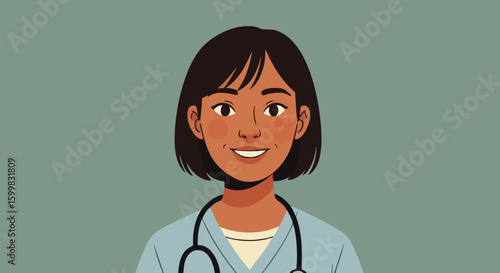 Smiling female doctor in scrubs,  wearing a stethoscope,  front view portrait.