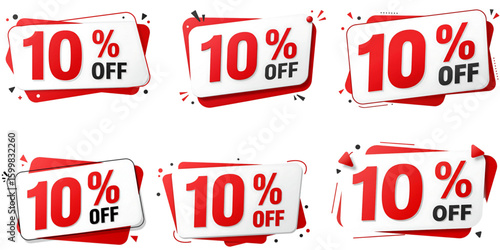 Collection of red and white 10% OFF discount badges and promotion labels, isolated on white background for retail, marketing, sales, and e-commerce advertising