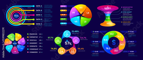 Presentation infographics diagram chart and graph elements and circular percentage data. Vector dashboard user interface kit template with business steps, pie sectors and numeric info for statistics
