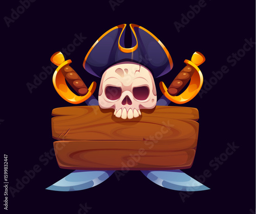 Wooden signboard with crossed sabres and pirate captain skull, vector game UI. Cartoon wood sign board with old plank texture, jolly roger with corsair tricorn hat and swords, pirate party signboard