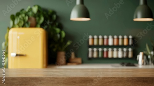 Wooden table top on blur kitchen room background , Modern Contemporary green kitchen room interior.