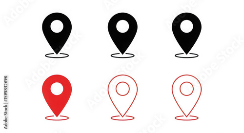 Illustration of six map pin icons are displayed in black and red on a transparent background