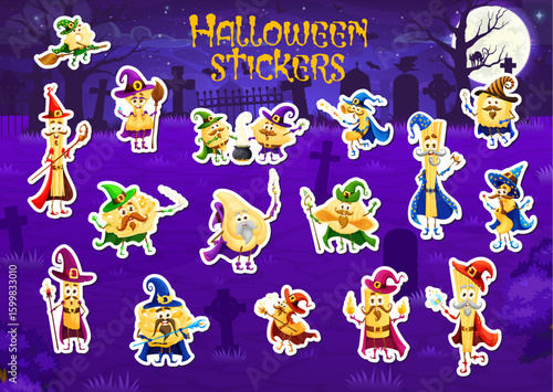 Halloween pasta characters stickers pack with funny wizards at cemetery, cartoon vector. Halloween holiday stickers of pasta characters, spaghetti witch and penne magician mage or tagliatelle sorcerer