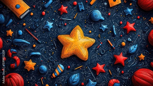 Vibrant Doodle Starry Night: A Whimsical Composition of Colorful Stars, School Supplies, and Abstract Elements