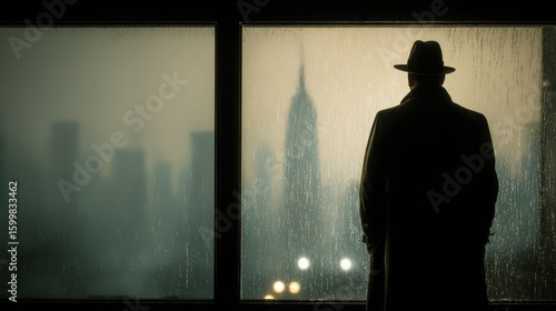 Fototapeta Naklejka Na Ścianę i Meble -  A lone detective in classic noir style stands by a rain streaked window, staring at the glowing city skyline under a brooding, cinematic night.