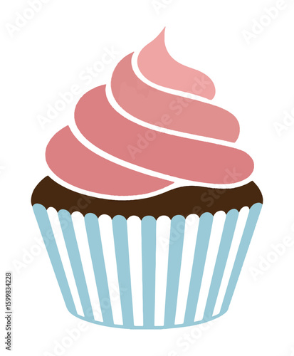 Pink frosted cupcake with blue striped wrapper dessert sweet