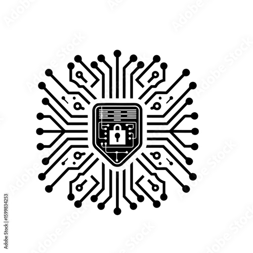 Futuristic cybersecurity shield icon with a padlock symbol on a microprocessor circuit, representing data protection and online privacy.