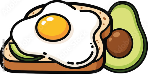 A delightful cartoon illustration features a sunny-side-up egg atop avocado toast, complemented by a halved avocado, perfect for breakfast or brunch themes and healthy eating concepts.