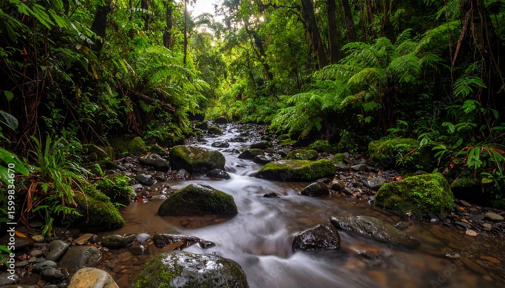 Lush rainforest creek flowing through rocks Lush rainforest creek flowing through rocks