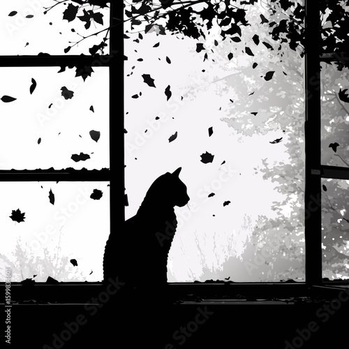 Silhouette of a cat sitting on a windowsill watching falling leaves  isolated on white background.