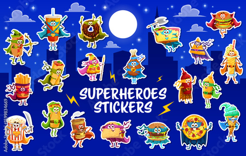 Cartoon superhero fast food characters stickers pack. Vector hotdog, soft drink, donut, sandwich or burger. French fries, burrito, pizza slice, pretzel or nachos. Milkshake, popcorn, coffee defenders
