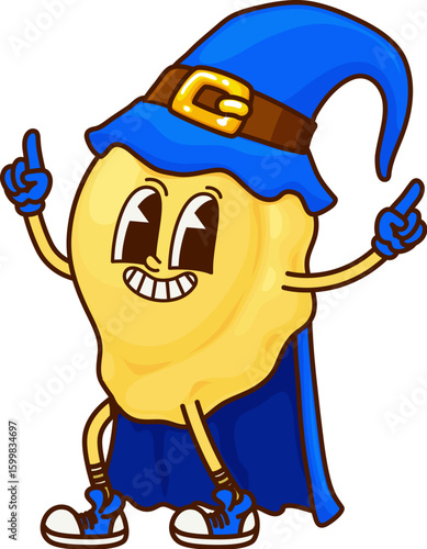 Groovy Halloween pasta wizard cartoon character with funny face, vector sorcerer. Halloween holiday pasta cartoon character with cool gesture and silly smile in witch hat and magician mantle cape