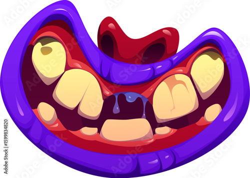 Halloween creepy drool monster smiling jaw. Evil animal isolated cartoon vector mouth sharp fangs, horror scary creature roaring maw or Halloween beast open jaw with missing tooth and dripping saliva