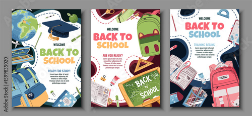 Back to School Poster Set. Banners with Backpack, Books and Stationery in Flat Design. Ideal for Educational Campaigns, Classroom Decor, Social Media, E-learning, preschool, invitation and ads.