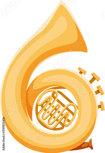 Day of the Dead font horn musical instrument digit 6 six. Hispanic ritual festival type vector digit, death carnival typeface figure. Mexican Dia de Los Muertos holiday font number or numeral symbol