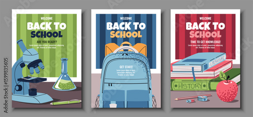 Back to school poster set. Flat Design banners with Backpack, microscope, stack of books on a striped background. Vector Illustration Pack for Teachers, E-Learning, online school, invitation, ads.